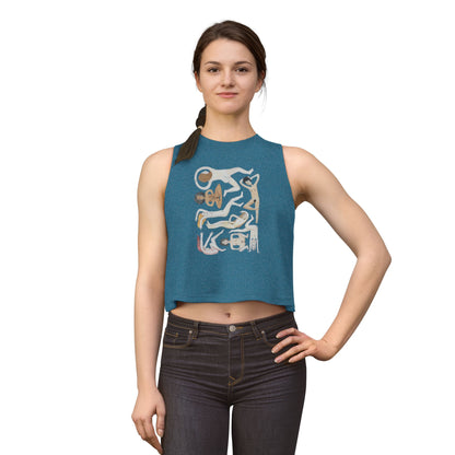 Women’s Crop Top — Abstract Gold & White Figure Art on Royal Blue