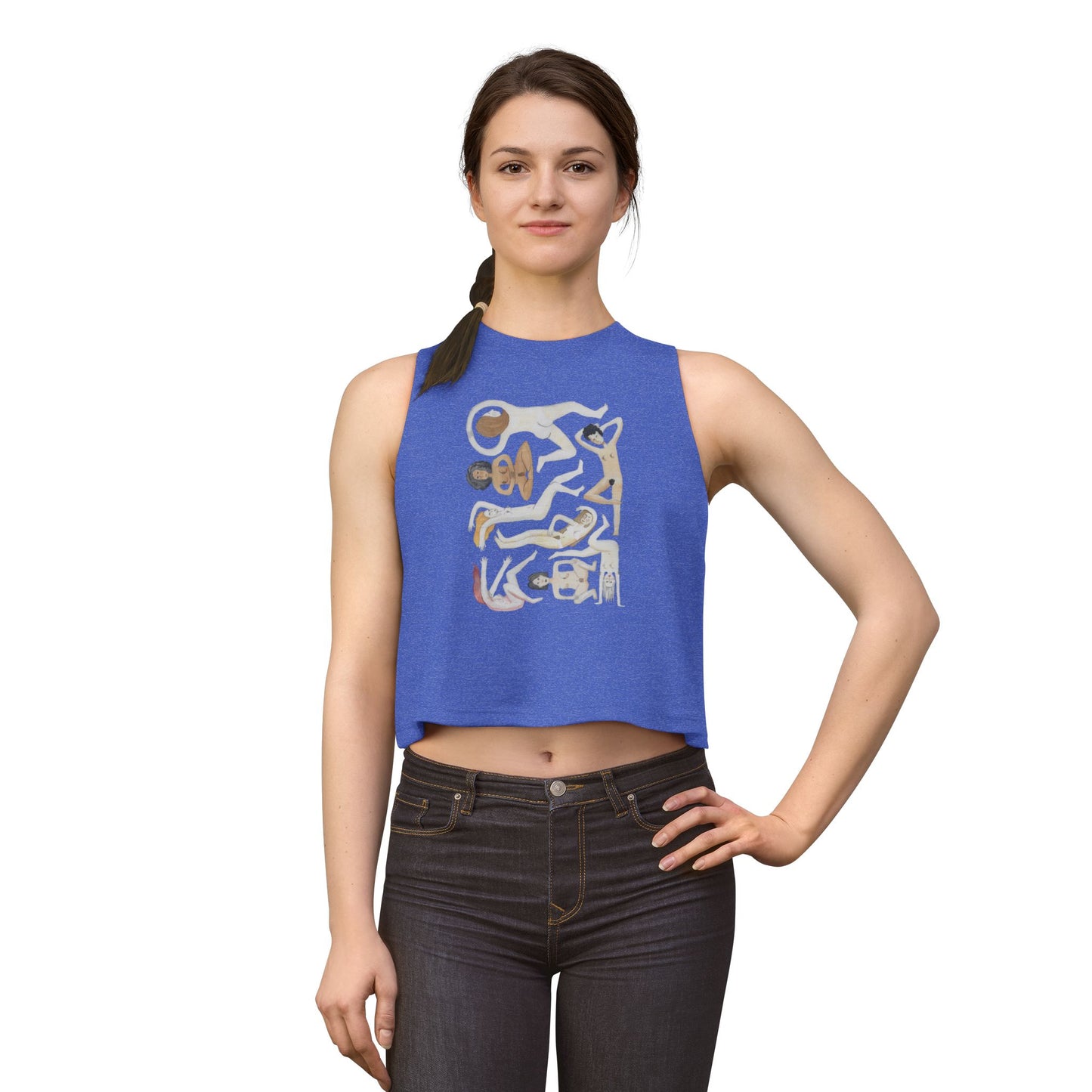 Women’s Crop Top — Abstract Gold & White Figure Art on Royal Blue